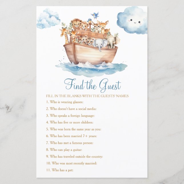 Cute Boy Noah Ark Baby Shower Find The Guest Game (Front)