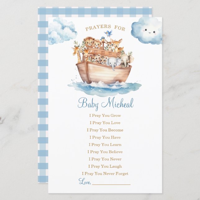 Cute Boy Noah's Ark Baby Shower Prayers for Baby (Front/Back)