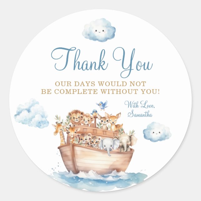 Cute Boy Noah's Ark Baby Shower Thank You Classic Round Sticker (Front)