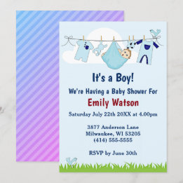 Cute Boy on Clothesline Boho Baby Shower Invitation