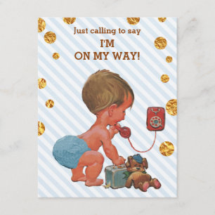 Cute Boy On Phone Stripes Gold Dots Baby Shower Invitation