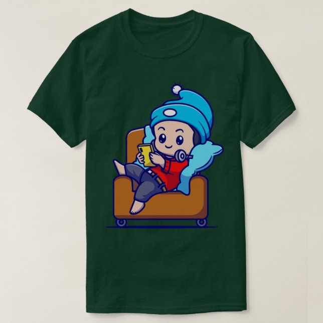 Cute Boy Operating Phone On Sofa Cartoon T-Shirt (Design Front)
