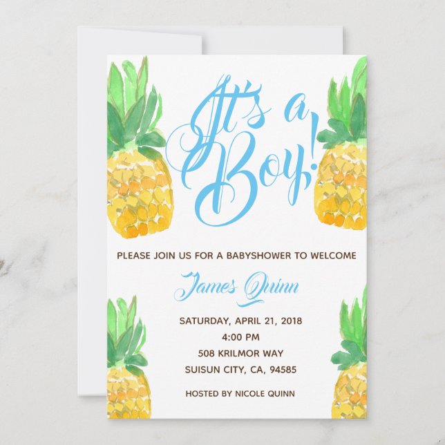 Cute boy pineapple tropical baby shower invite (Front)