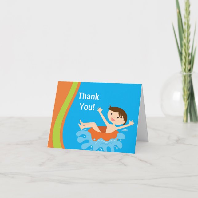 Cute Boy Pool Party Thank You Note Card (Front)