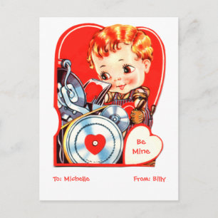 Cute boy printing on a letterpress valentine holid holiday postcard