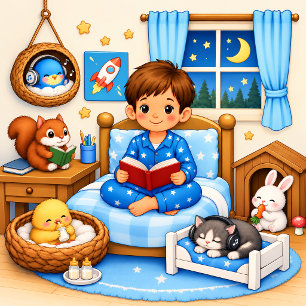 Cute Boy Reading Woodland Animals Nursery Poster