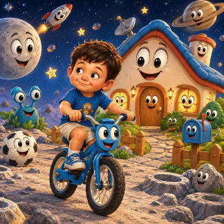 Cute Boy Riding a Bike in Outer Space Poster