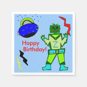Cute Boy Robot Blue Spaceship Birthday Napkin