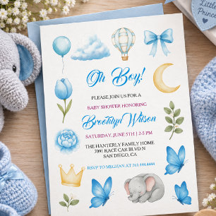 Cute Boy’s Elephant Watercolor Baby Shower Invitation
