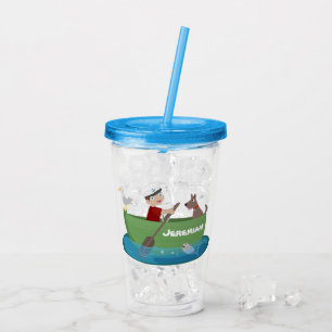 Cute boy sailor and dog rowing boat cartoon acrylic tumbler
