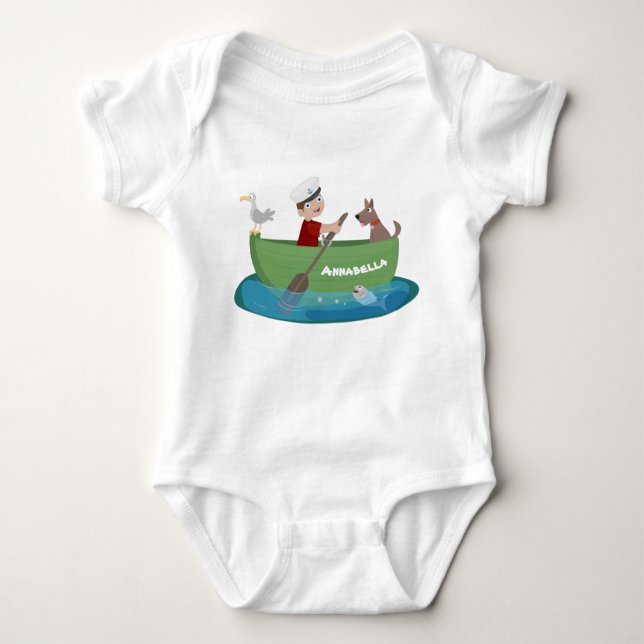 Cute boy sailor and dog rowing boat cartoon baby bodysuit (Front)