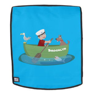 Cute boy sailor and dog rowing boat cartoon backpack