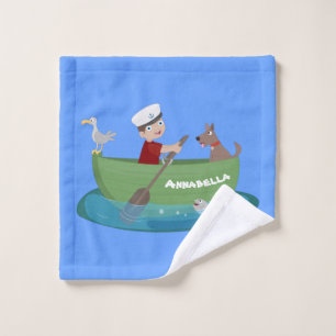 Cute boy sailor and dog rowing boat cartoon bath towel set