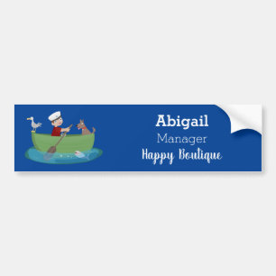 Cute boy sailor and dog rowing boat cartoon bumper sticker