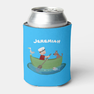 Cute boy sailor and dog rowing boat cartoon can cooler