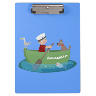Cute boy sailor and dog rowing boat cartoon clipboard