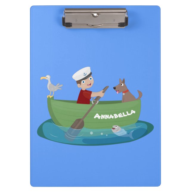 Cute boy sailor and dog rowing boat cartoon clipboard (Front)