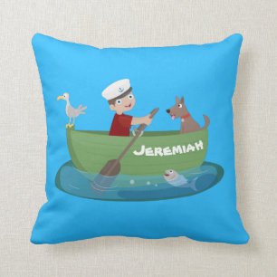 Cute boy sailor and dog rowing boat cartoon cushion