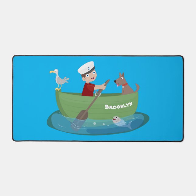 Cute boy sailor and dog rowing boat cartoon desk mat (Front)