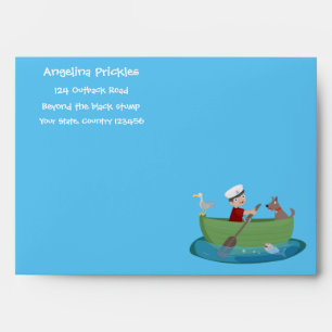 Cute boy sailor and dog rowing boat cartoon envelope