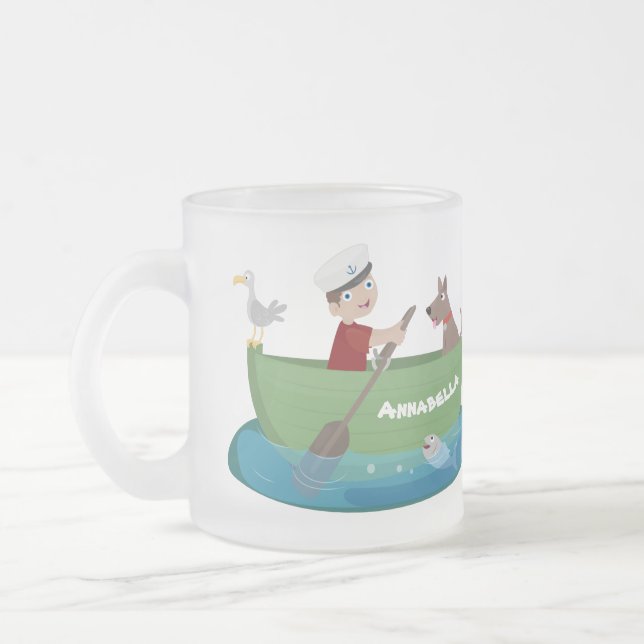 Cute boy sailor and dog rowing boat cartoon frosted glass coffee mug (Left)