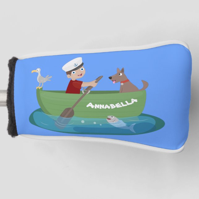 Cute boy sailor and dog rowing boat cartoon golf head cover (Front)