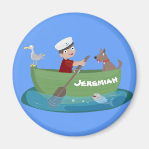 Cute boy sailor and dog rowing boat cartoon magnet