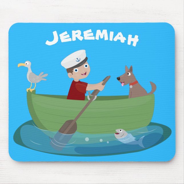 Cute boy sailor and dog rowing boat cartoon mouse pad (Front)