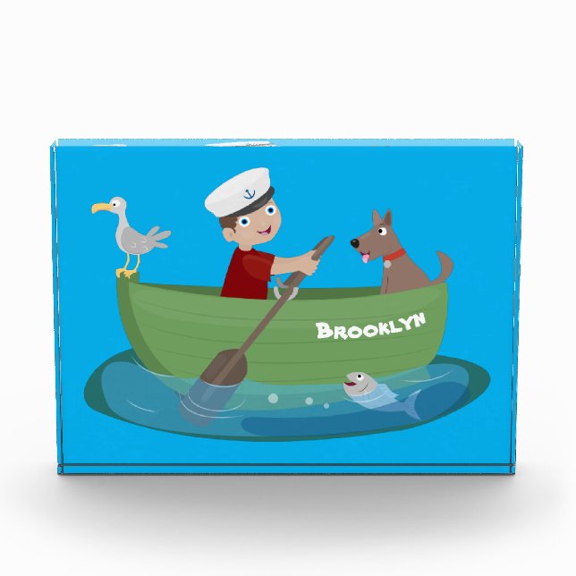 Cute boy sailor and dog rowing boat cartoon photo block (Front)