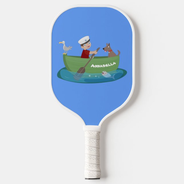 Cute boy sailor and dog rowing boat cartoon pickleball paddle (Front)