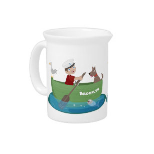 Cute boy sailor and dog rowing boat cartoon pitcher