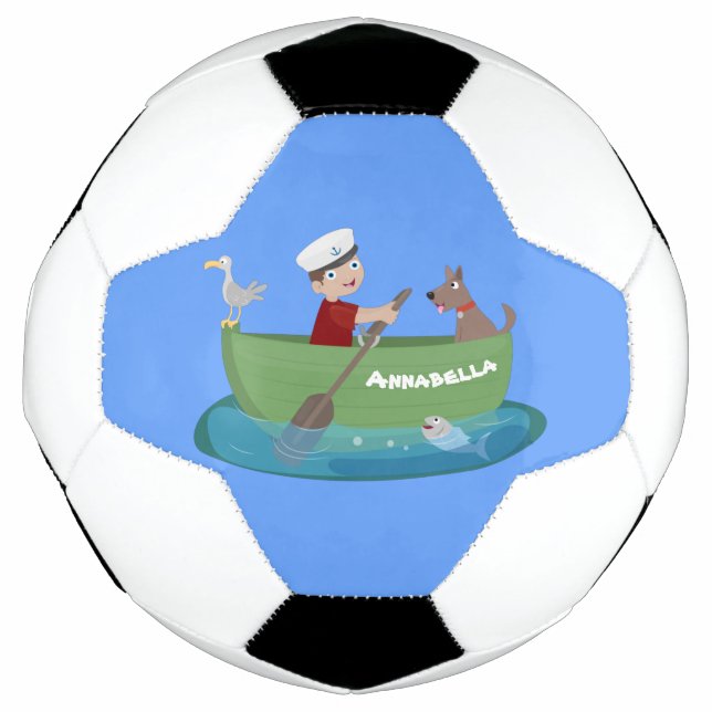 Cute boy sailor and dog rowing boat cartoon soccer ball (Front)