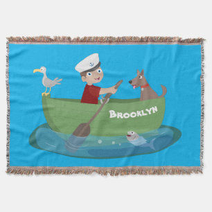 Cute boy sailor and dog rowing boat cartoon throw blanket