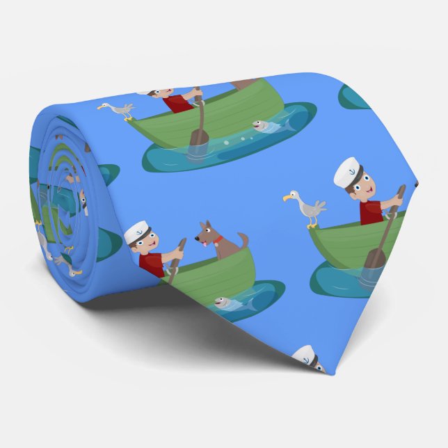 Cute boy sailor and dog rowing boat cartoon tie (Rolled)