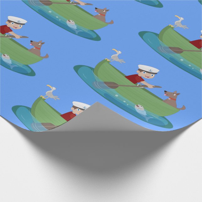 Cute boy sailor and dog rowing boat cartoon wrapping paper (Corner)