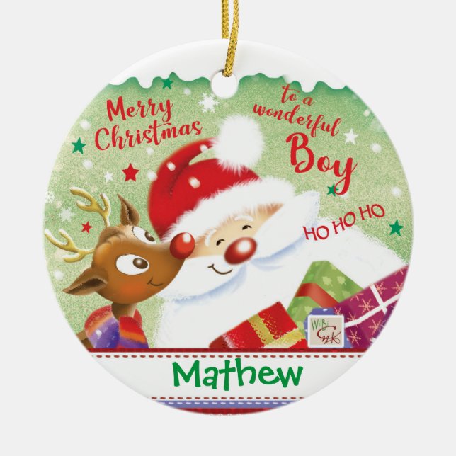 Cute Boy, Santa, Deer & Presents, Christmas Ceramic Tree Decoration (Front)