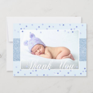 Cute BOY THANK YOU Blue Glitter PHOTO Announcement