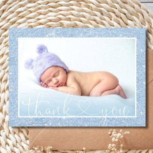 Cute BOY THANK YOU Blue Glitter PHOTO Baby Shower Announcement