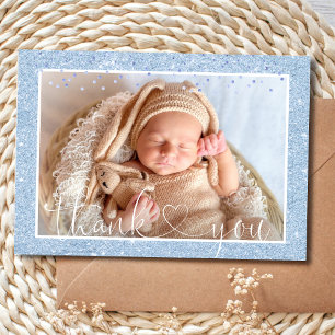 Cute BOY THANK YOU Blue Glitter PHOTO Birth Announcement