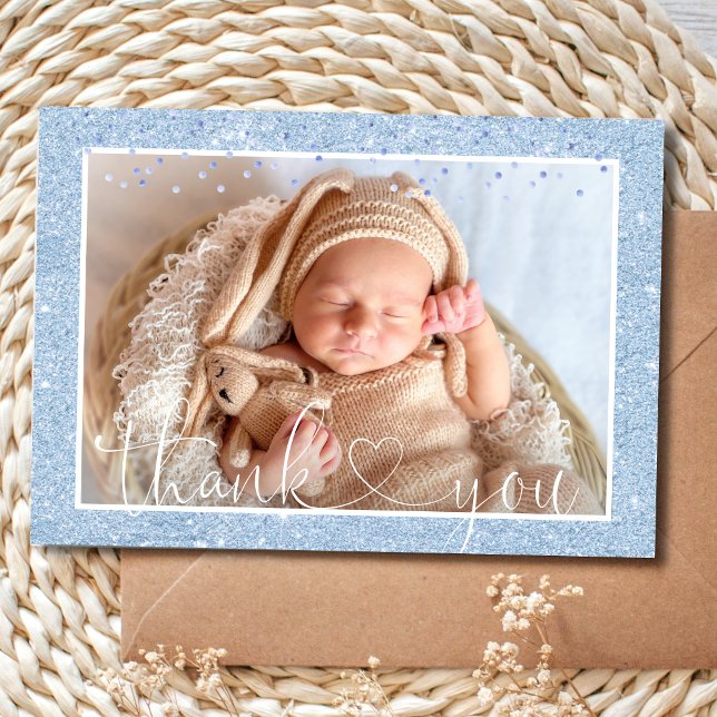 Cute BOY THANK YOU Blue Glitter PHOTO Birth Announcement (Creator Uploaded)