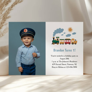 Cute Boy Train Photo Kids 1st Birthday Party Invitation