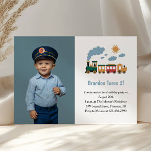 Cute Boy Train Photo Kids 2nd Birthday Party Invitation