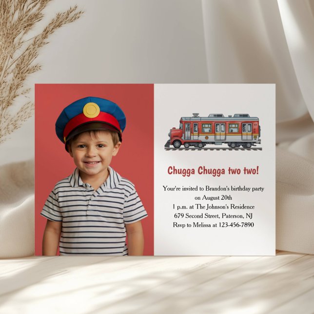 Cute Boy Train Photo Kids 2nd Birthday Party Invitation (Creator Uploaded)
