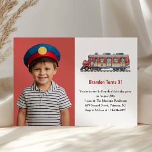 Cute Boy Train Photo Kids 3rd Birthday Party Invitation