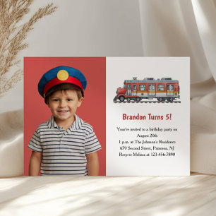 Cute Boy Train Photo Kids Birthday Party Invitation