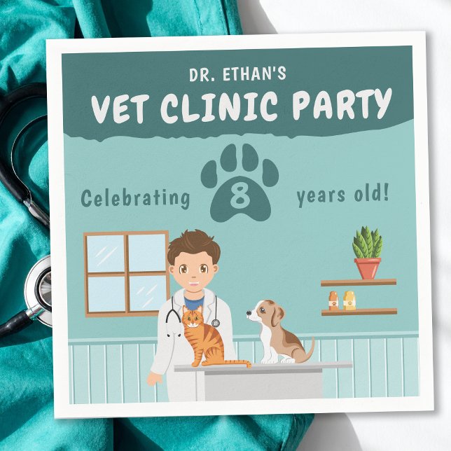 Cute Boy Veterinarian Vet Animal Clinic Birthday Napkin (Creator Uploaded)