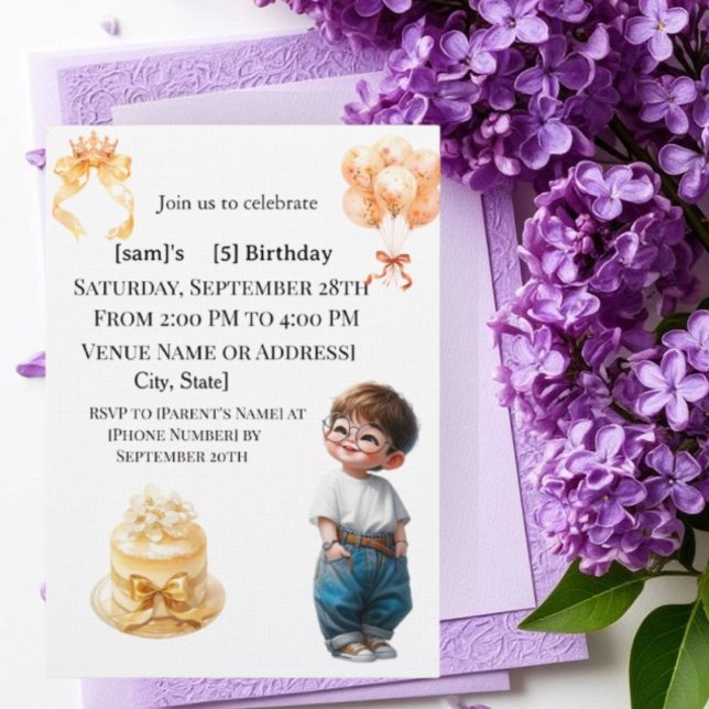 Cute Boy with Glasses 5th Birthday Party Invitatio Invitation (Creator Uploaded)