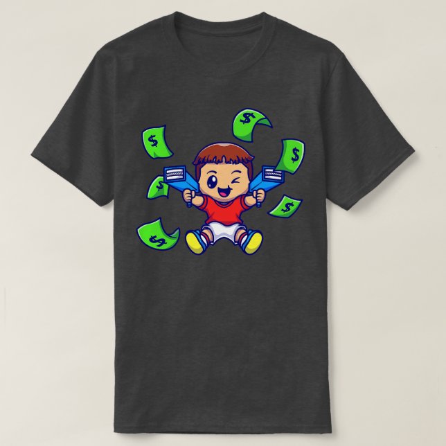 Cute Boy With Money Gun Cartoon T-Shirt (Design Front)