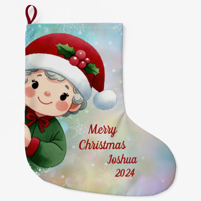 Cute Boy with Santa Hat Large Christmas Stocking (Front)