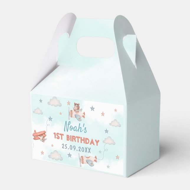 Cute Boy's Aeroplane Theme 1st Birthday Party Favour Box (Front Side)